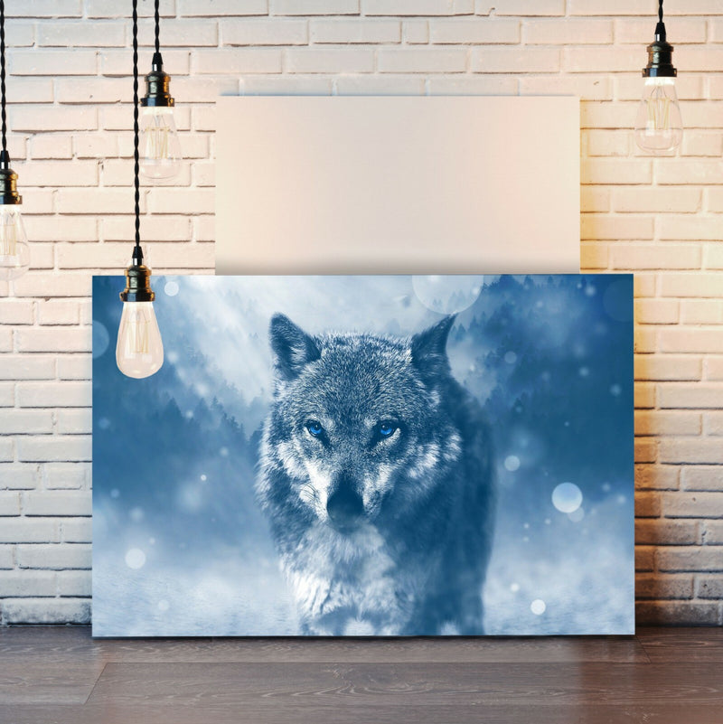 Canvas Wall Art - Lone Wolf Blue Loyalty Framed Canvas Print With Woodgrain Frame