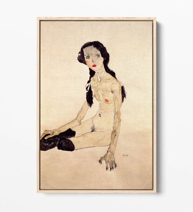 Canvas Wall Art Print - Egon Schiele Sitting Girl With Ponytail | Float Effect Canvas