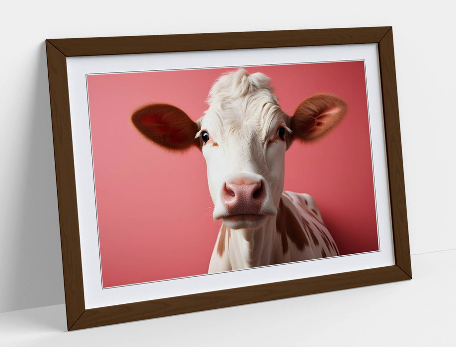Cow Wall Art - Framed Close Up Print With Pink Background | Handmade UK Home Decor