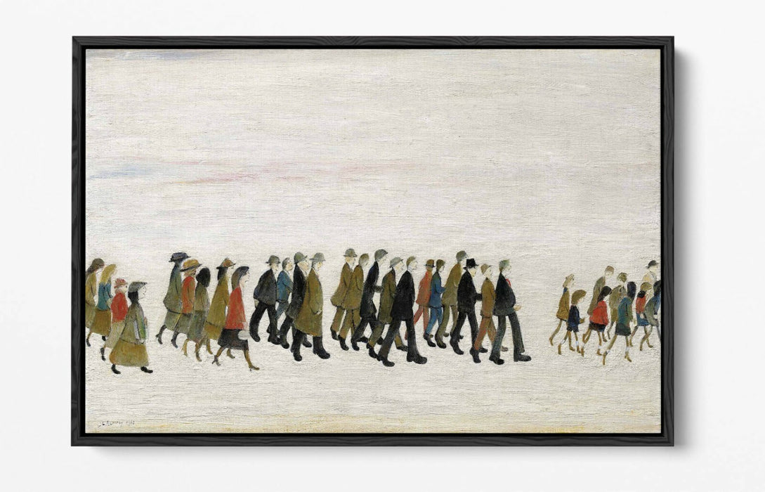 LS LOWRY A PROCESSION -FLOAT EFFECT CANVAS WALL ART PIC PRINT- GREY BROWN