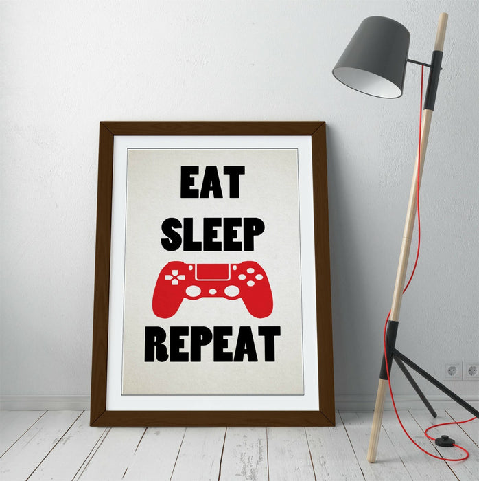 "EAT SLEEP GAME REPEAT" FUNNY GAMER QUOTE KIDS -FRAMED WALL ART PICTURE PRINT