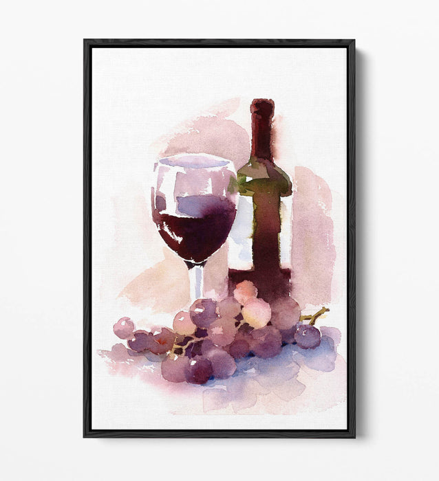 Watercolour Canvas Art – Wine Themed Decor | Float Effect Frame | Kitchen Wall Decor