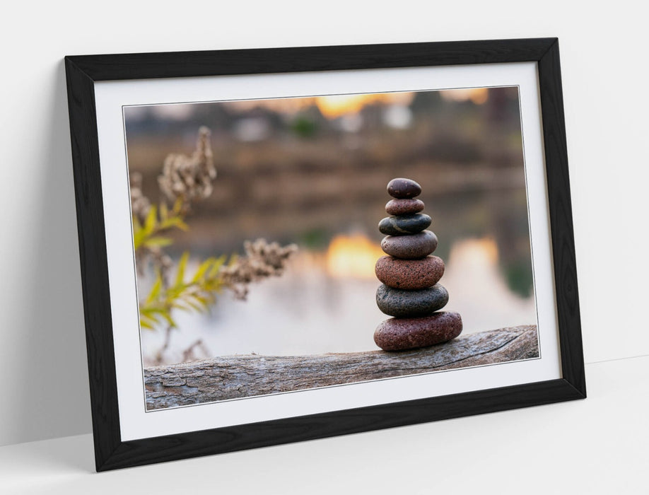 Zen Stones Wall Art – Framed Brown Stacked Stones Print on Tree Trunk | Home Decor
