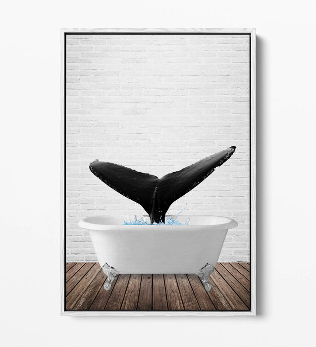 WHALE IN BATHTUB -QUIRKY BATHROOM FLOAT EFFECT CANVAS WALL ART PIC PRINT