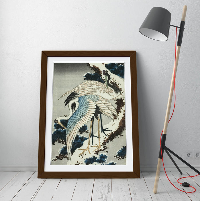 Framed Art Poster – Katsushika Hokusai Cranes On Snow Covered Pine Print – Woodgrain Frame