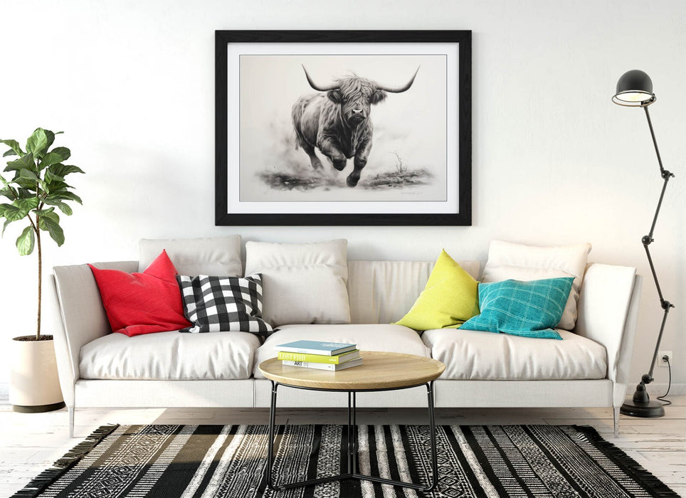 Highland Cow Wall Art – Framed Charcoal Sketch Print | Rustic Animal Decor