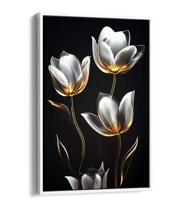 Canvas Wall Art - Silver And Gold Tulip Flower Print With Float Effect Frame