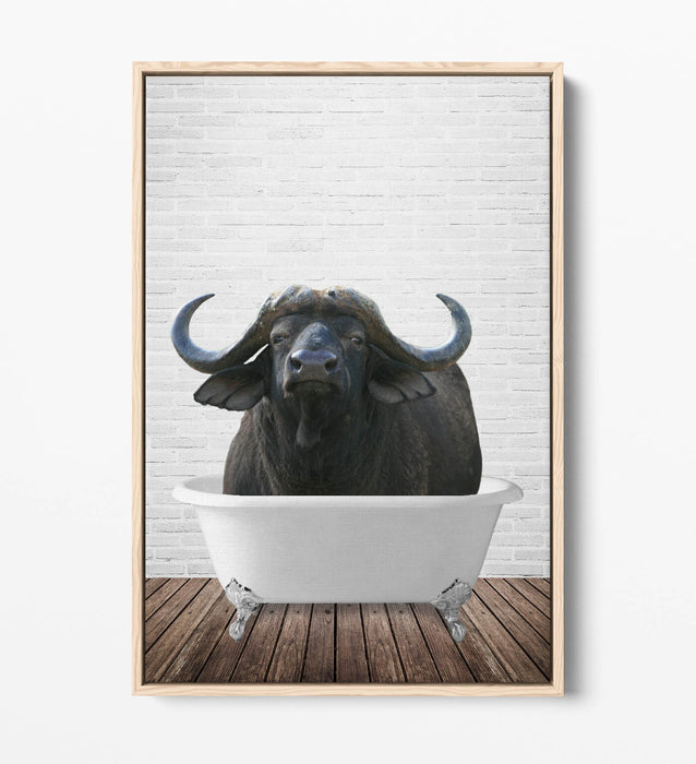 WATER BUFFALO IN BATHTUB -QUIRKY BATHROOM FLOAT EFFECT CANVAS WALL ART PRINT