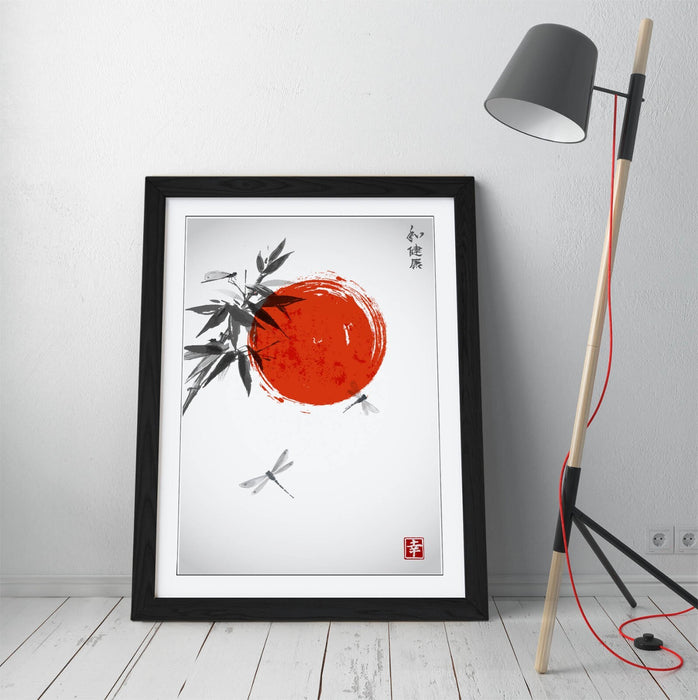 Japanese Style Wall Art - Bamboo Dragonflies Framed Poster Print | Handmade Matte Paper