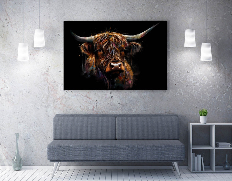 Highland Cow Canvas - Handmade Splash Art Decor | Premium Varnish Finish Wall Art