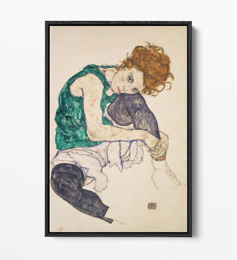 Canvas Wall Art - Egon Schiele, Seated Woman With Legs - Float Effect Print Green