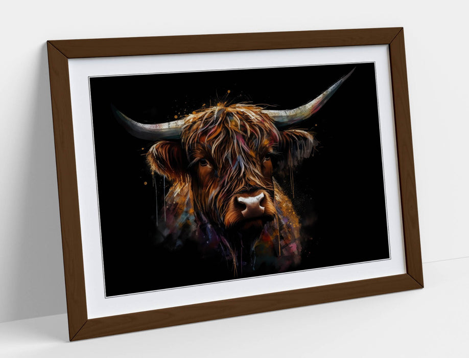 Highland Cow Wall Art - Framed Splash Art Print With Black Background Decor