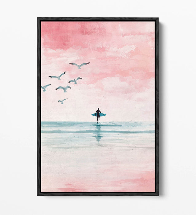 Canvas Wall Art – Minimalist Silhouette Surfer Pink Beach Float Effect Print