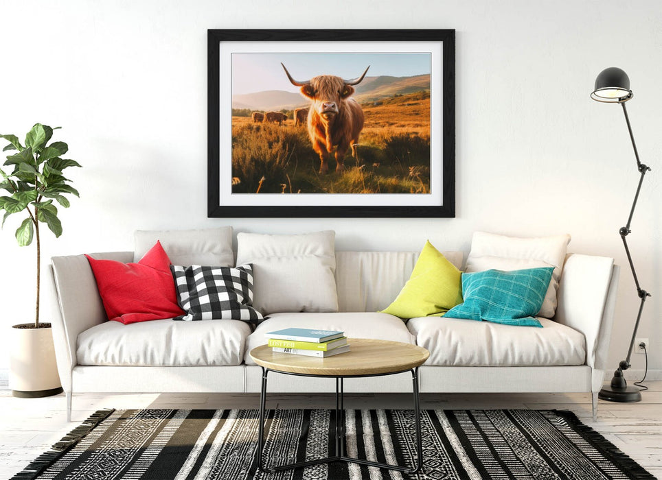 Highland Cows Wall Art – Framed Animal Landscape Print With Woodgrain Frame
