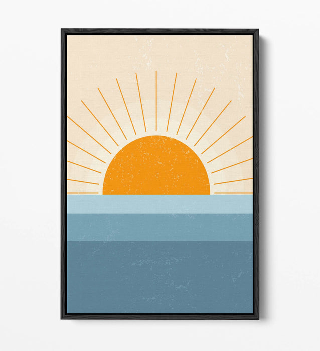 Canvas Wall Art - Orange Sunset Print Over Blue Sea | Float Effect Minimalist Decor