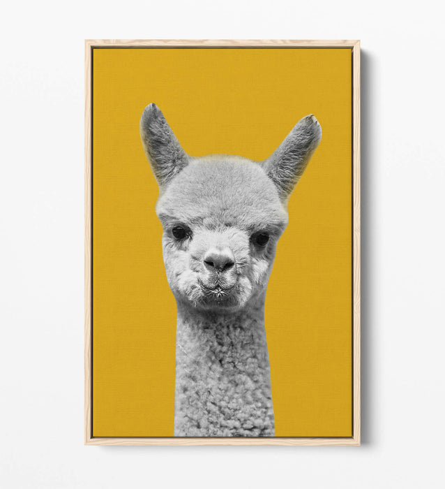 HAPPY ALPACA BLACK WHITE YELLOW MUSTARD FLOAT EFFECT CANVAS WALL ART PIC PRINT