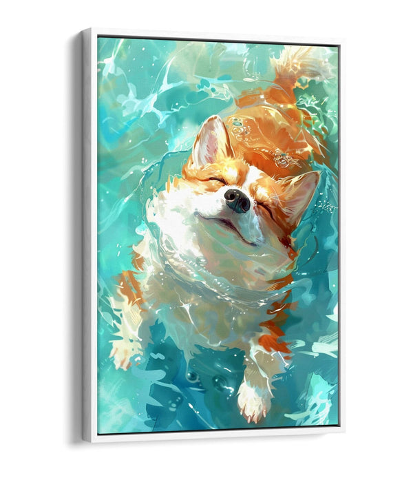 Corgi Canvas Art – Cute Smiling Dog Wall Decor with Water Float Effect Frame
