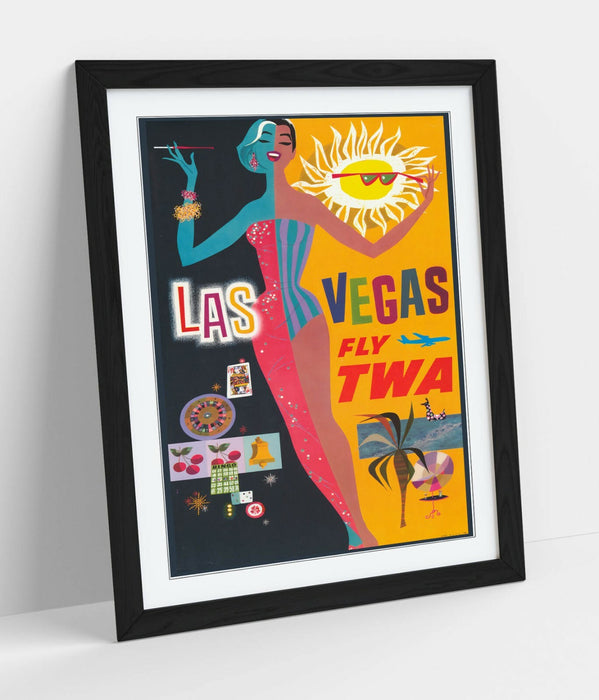 RETRO LAS VEGAS TRAVEL POSTER -FRAMED WALL ART PICTURE PRINT- YELLOW BLACK PINK