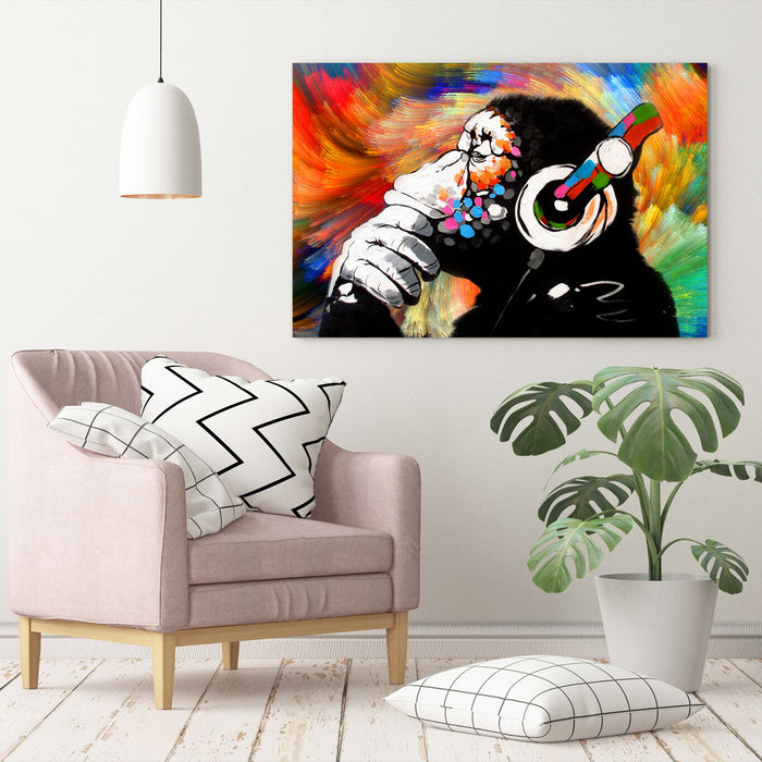 MONKEY DJ BANKSY COLOURFUL SWIRL CANVAS STREET WALL ART PRINT ARTWORK -  GORILLA