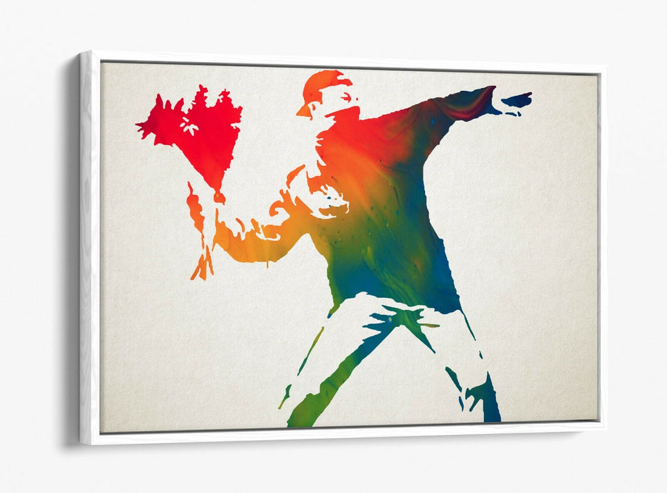 BANKSY, FLOWER THROWER RAINBOW -FLOAT EFFECT CANVAS WALL ART PRINT