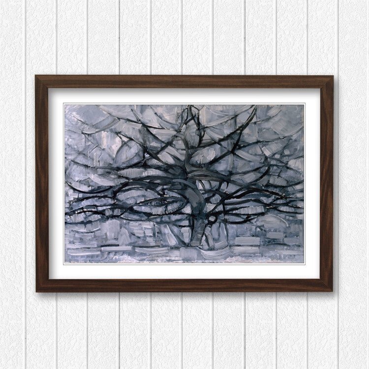 Mondrian Framed Wall Art – Abstract Geometric Art Print With Wood Grain Frame