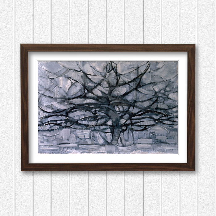 Mondrian Framed Wall Art – Abstract Geometric Art Print With Wood Grain Frame