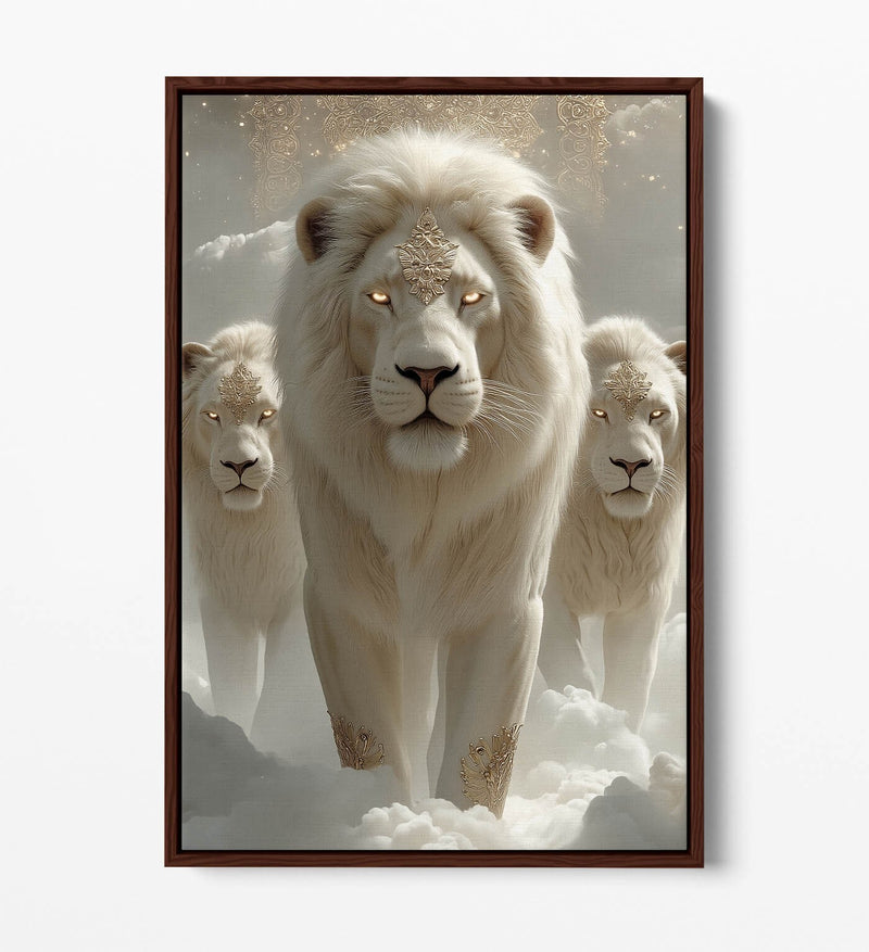 White Lions Canvas Art - Mystical Fantasy Wall Art With Float Effect Frame