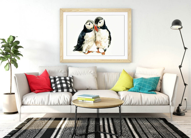 Puffin Love Wall Art - Framed Cute Animal Poster With Woodgrain Picture Frame