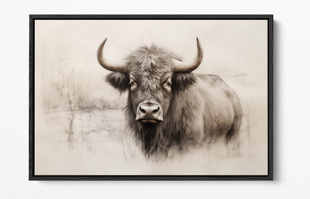 Highland Cow Canvas | Charcoal Sketch Print on Float Effect Canvas Wall Art