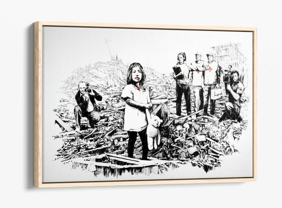 BANKSY MEDIA -FLOAT EFFECT CANVAS WALL ART PIC PRINT- BLACK & WHITE