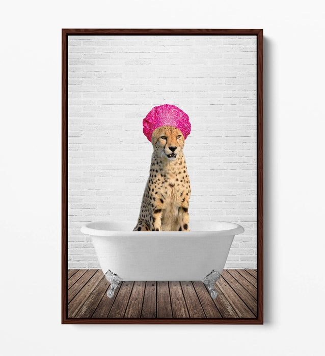 FUNNY CHEETAH IN BATHTUB -QUIRKY BATHROOM FLOAT EFFECT CANVAS WALL ART PIC PRINT