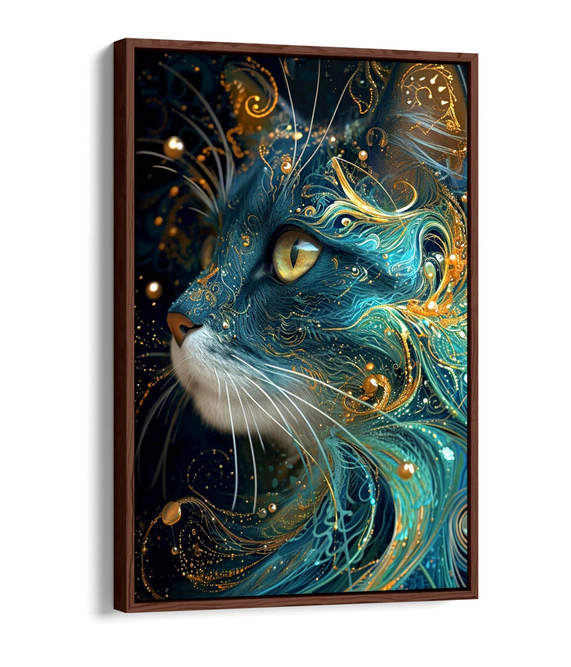 Canvas Wall Art | Handmade Blue Gold Cat Float Effect Print – Ready To Hang Contemporary Decor