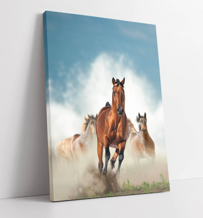 Brown Horses Canvas Art – Majestic Galloping Horse Picture | Handmade UK Wall Decor