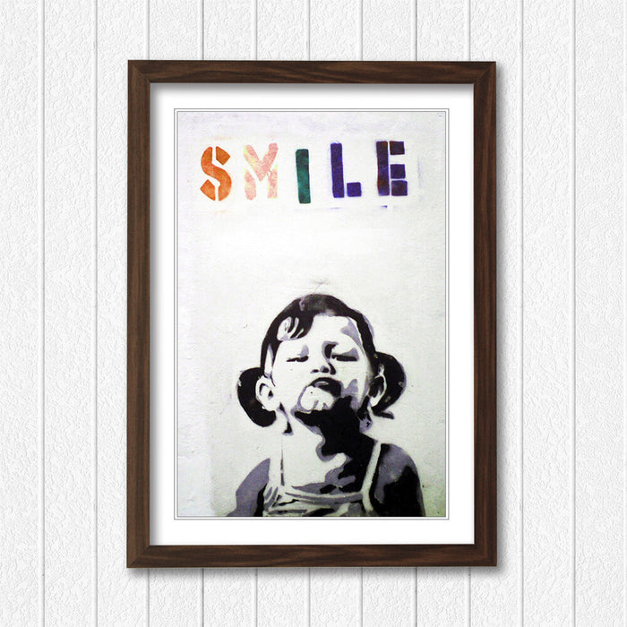 Banksy Smile Kid Poster - Framed Art Print With Woodgrain Frame Design