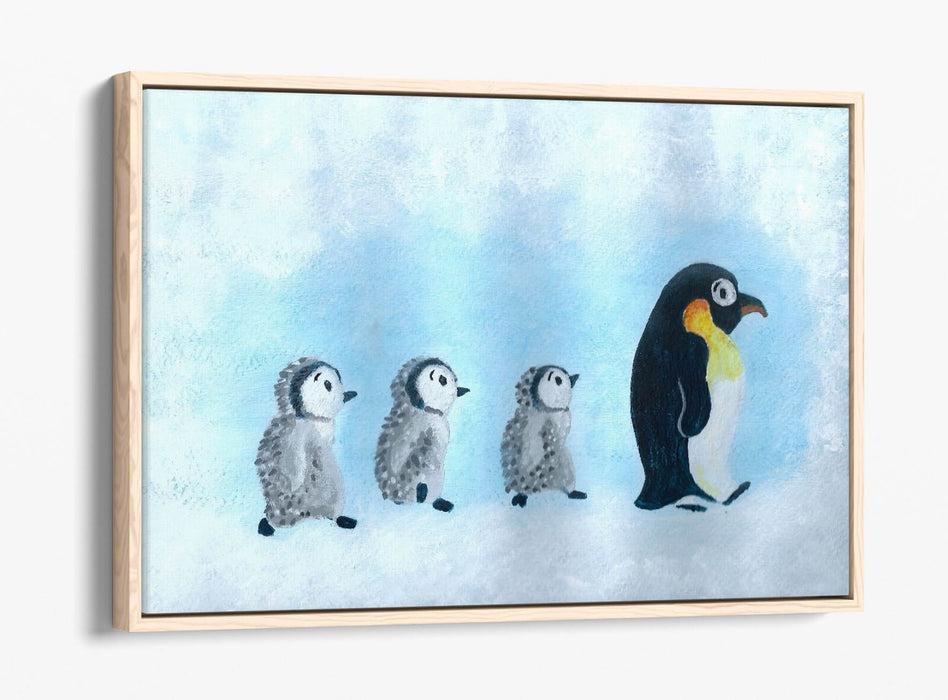 Baby Penguins Canvas - Cute Mother And Baby Penguin Wall Art | Float Effect Print