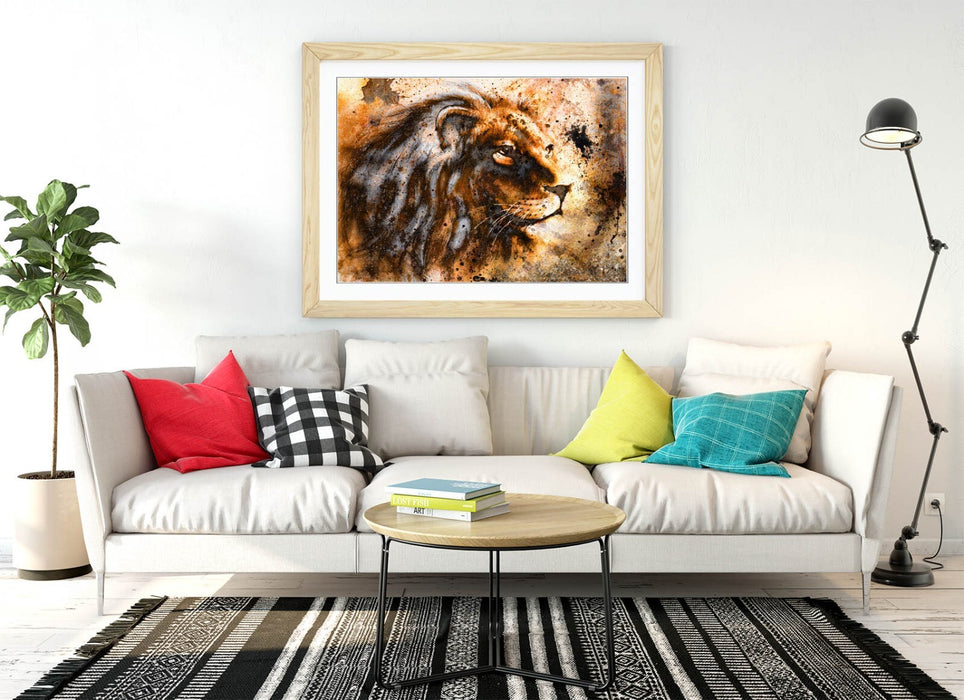 Rustic Lion Wall Art - Framed Animal Artwork With Wood Grain Frame, Ready To Hang