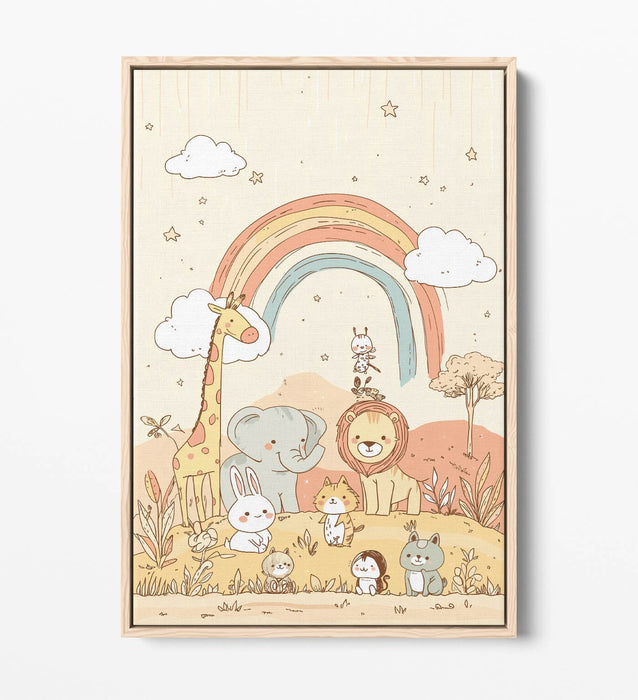 Pastel Canvas Wall Art - Cute Animal Artwork With Rainbow Float Effect Frame