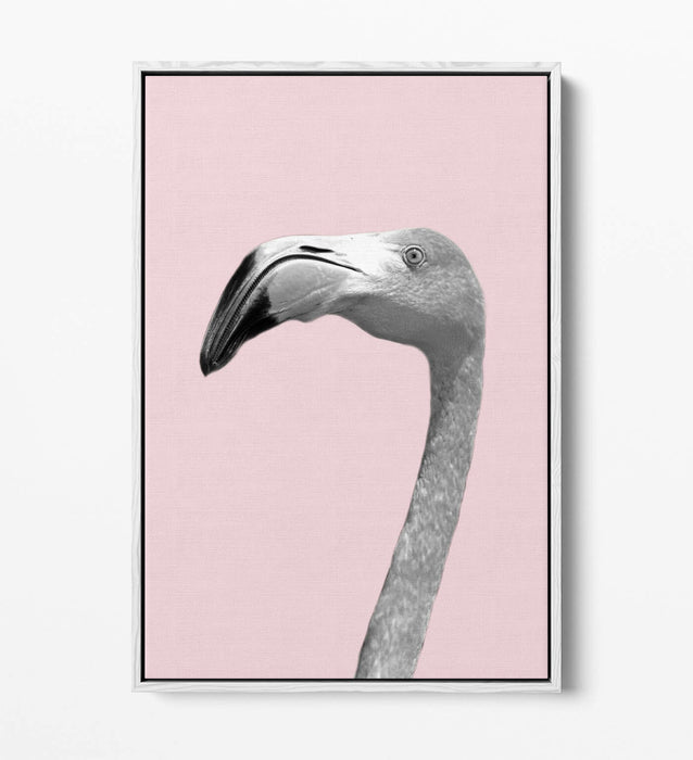 FLAMINGO HEAD BLACK WHITE PINK -FLOAT EFFECT CANVAS WALL ART PIC PRINT