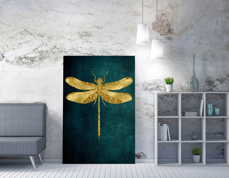 Canvas Wall Art - Gold Dragonfly Teal Wall Decor | Handmade Ready To Hang Print