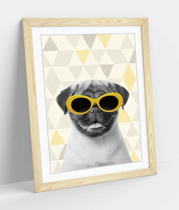 PUG SUNGLASSES YELLOW GREY -ART FRAMED POSTER PICTURE PRINT ARTWORK- WHITEBLUE