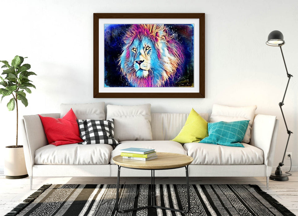 PURPLE BLUE LION SKETCH BLACK BACKGROUND -FRAMED ART POSTER PICTURE PRINT