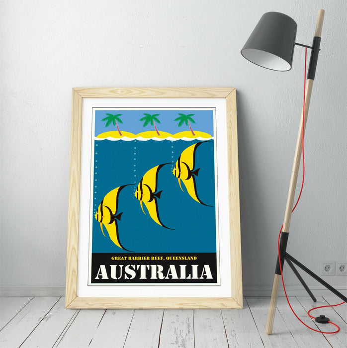 VINTAGE RETRO AUSTRALIA TRAVEL POSTER -FRAMED WALL ART PICTURE PRINT- YELLOW