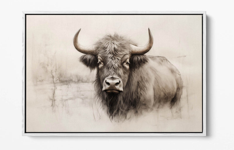 Highland Cow Canvas | Charcoal Sketch Print on Float Effect Canvas Wall Art