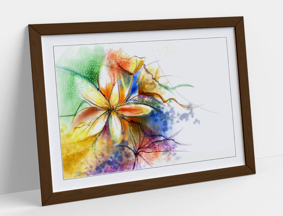 Framed Wall Art - Flower Multi Colour Splash Abstract Poster Print With Woodgrain Frame