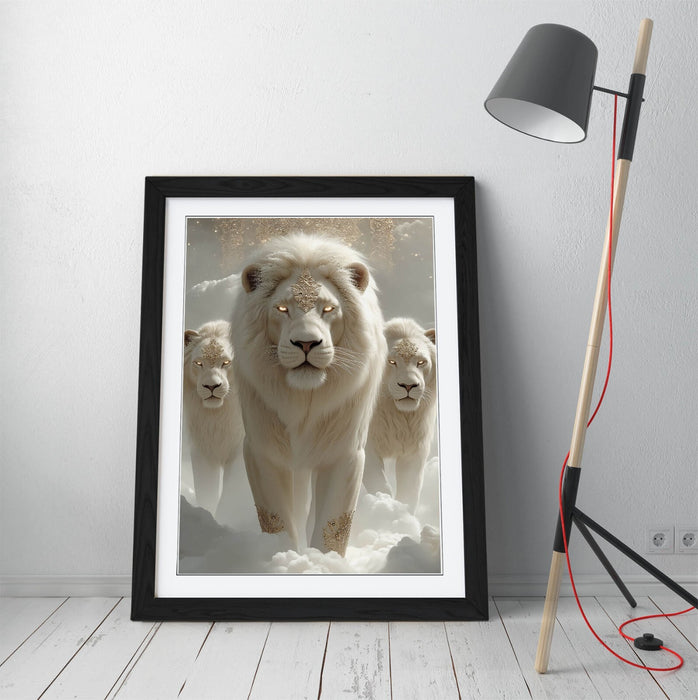 Framed Wall Art – Mystical White Lion Poster Print With Handmade Frame