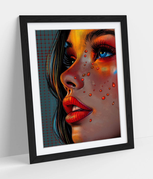 Pop Comic Wall Art - Framed Portrait Woman Pop Art Print With Woodgrain Frame Finish