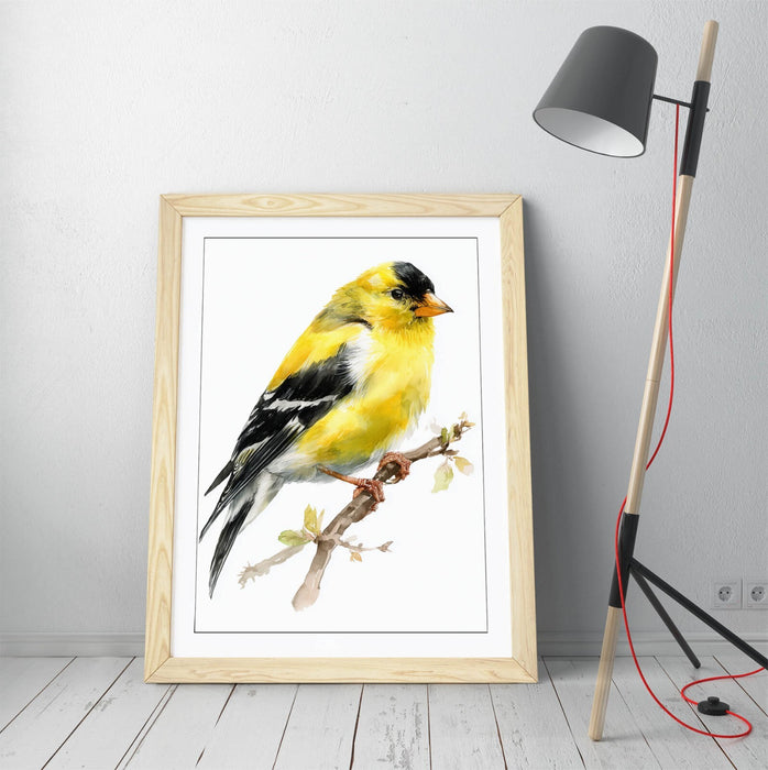 Goldfinch Wall Art - Framed Watercolor Bird Print on Matte Paper with Faux Wood Frame