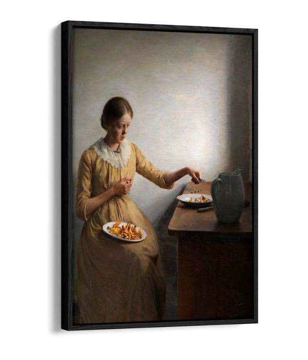 Canvas Art Print - Peter Ilsted Young Girl Cleaning Chanterelles | Float Effect, Premium Frame