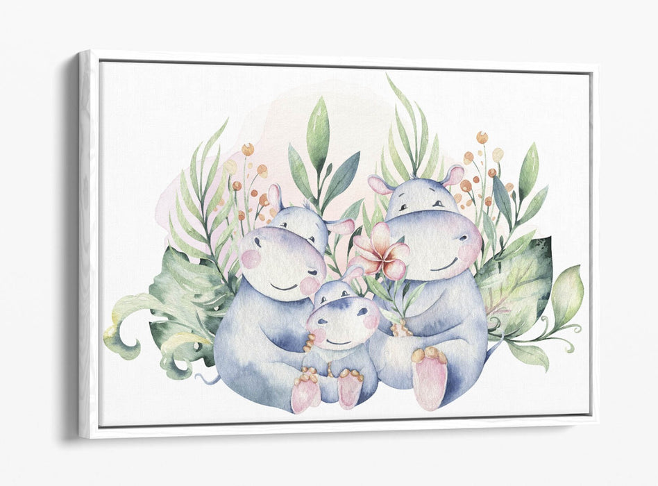 Watercolour Hippo Canvas - Cute Hippo Family Float Effect Canvas Wall Art