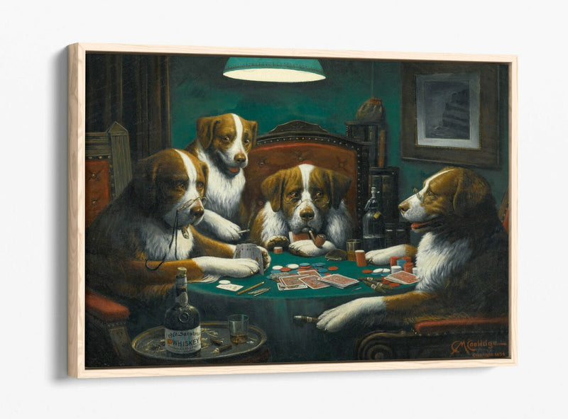 Dogs Playing Cards Art - Handmade Canvas Wall Art | Poker Game Print, Float Effect